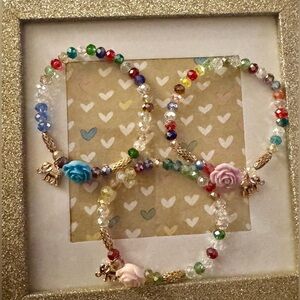 Gold-tone 3pc Bracelet, Multi Color, Blue,Pink & Purple Rose, w/Elephant Charm